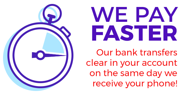 We pay faster. Our bank transfers clear in your account on the same day we receive your phone!